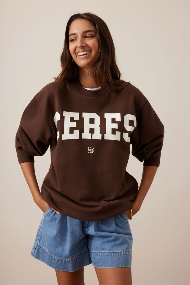 Isla Oversized Slouchy Crew, CHOCOLATE HERITAGE LOGO