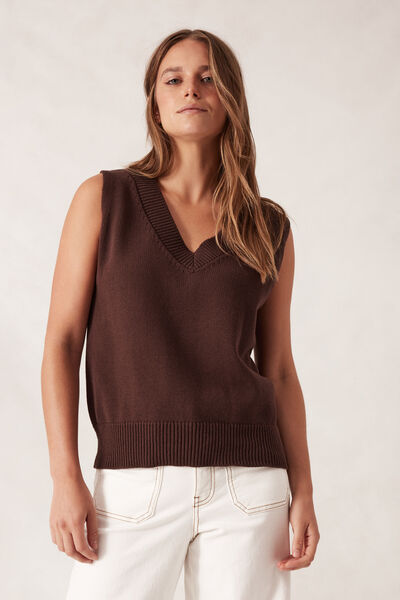 V Neck Knit Vest, WINTER CHOC