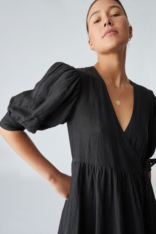 Linen Wrap Midi Dress, BLACK
