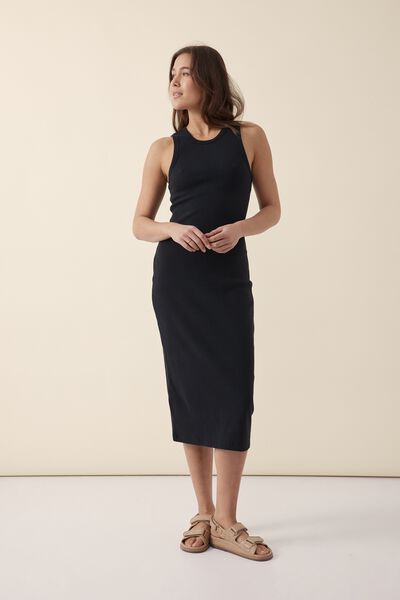 Contour Rib High Neck Tank Dress, BLACK