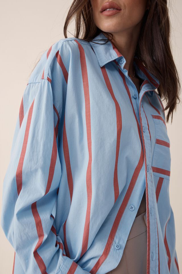 Oversized Poplin Shirt, FRESH BLUE SUNSET RED STRIPE ORGANIC COTTON