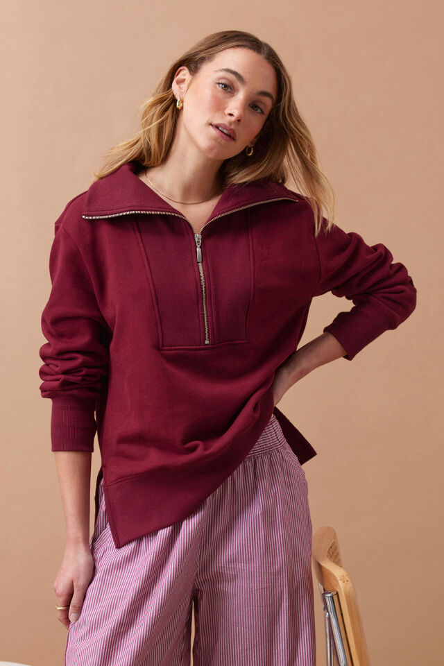 Isabella Half Zip Sweat, BURGUNDY