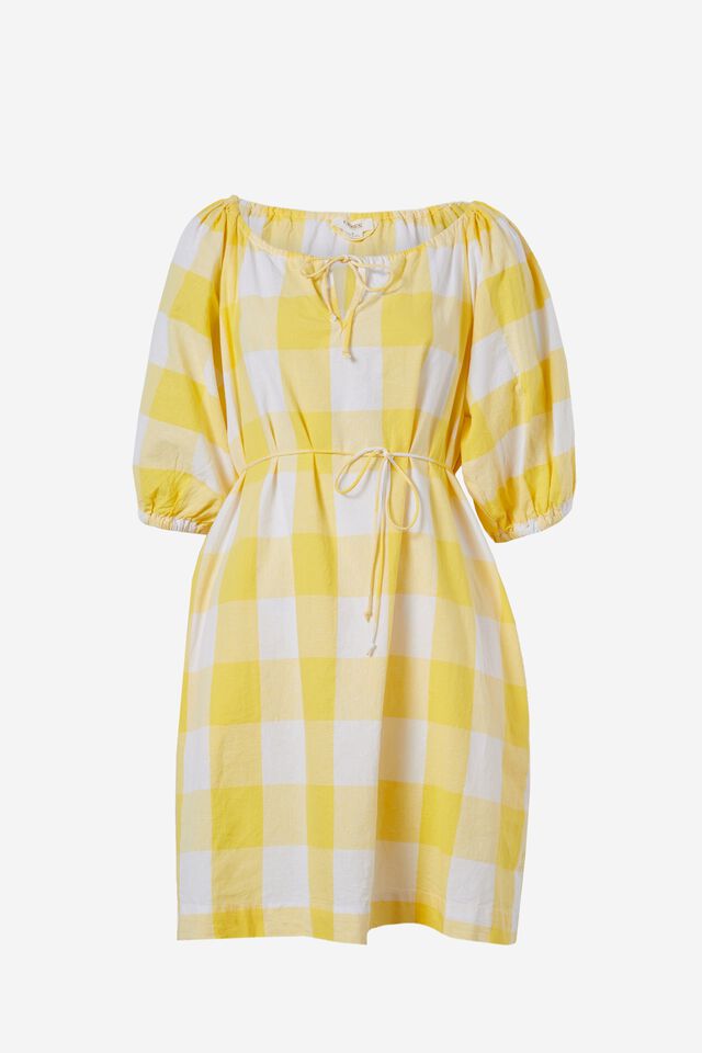 Gathered Neck Dress In Cotton Linen Blend, CITRUS YELLOW WHITE GINGHAM