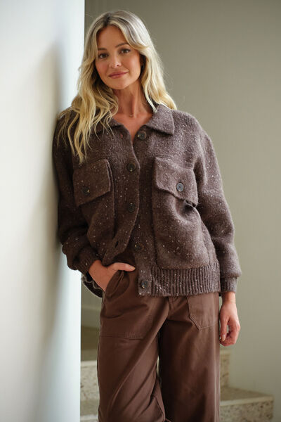 Knit Bomber Cardi, MUSHROOM NEP