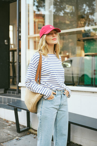 Slouchy Long Sleeve Boat Neck Tee, COLLEGE BLUE STRIPE