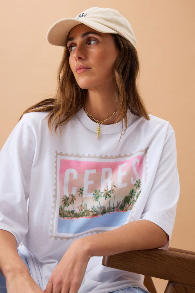 Liv Oversized Tee, WHITE/CERES HOLIDAY STAMP