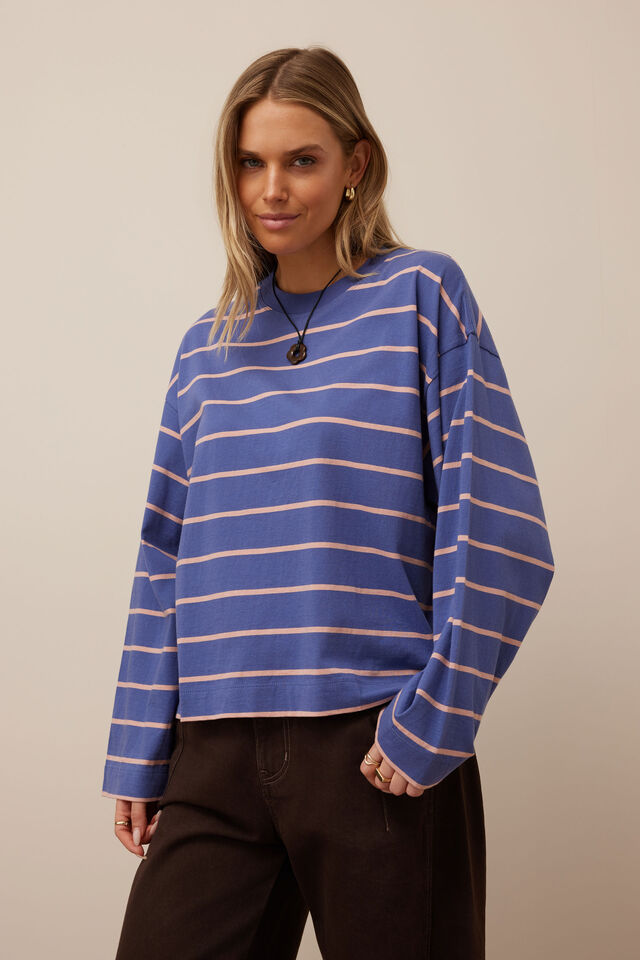 Beau Long Sleeve Slouchy Tee, WASHED NAVY/PINK CLAY