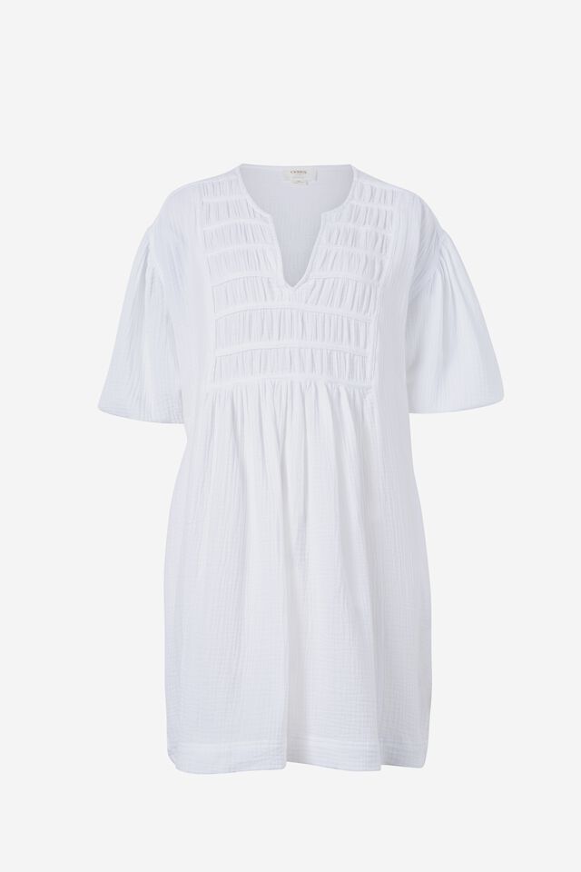 Doublecloth Gathered Yoke Dress In Organic Cotton, WHITE