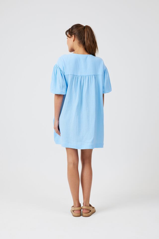 Doublecloth Gathered Yoke Dress In Organic Cotton, BLUE SKY