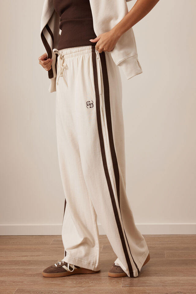 Gigi Wide Leg Terry Trackpant, BUFF CHOCOLATE SIDE STRIPE
