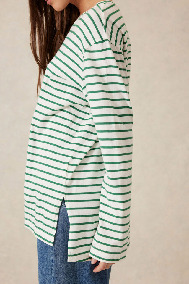 Longline Step Hem L/S Tee, VANILLA/FERN GREEN STRIPE