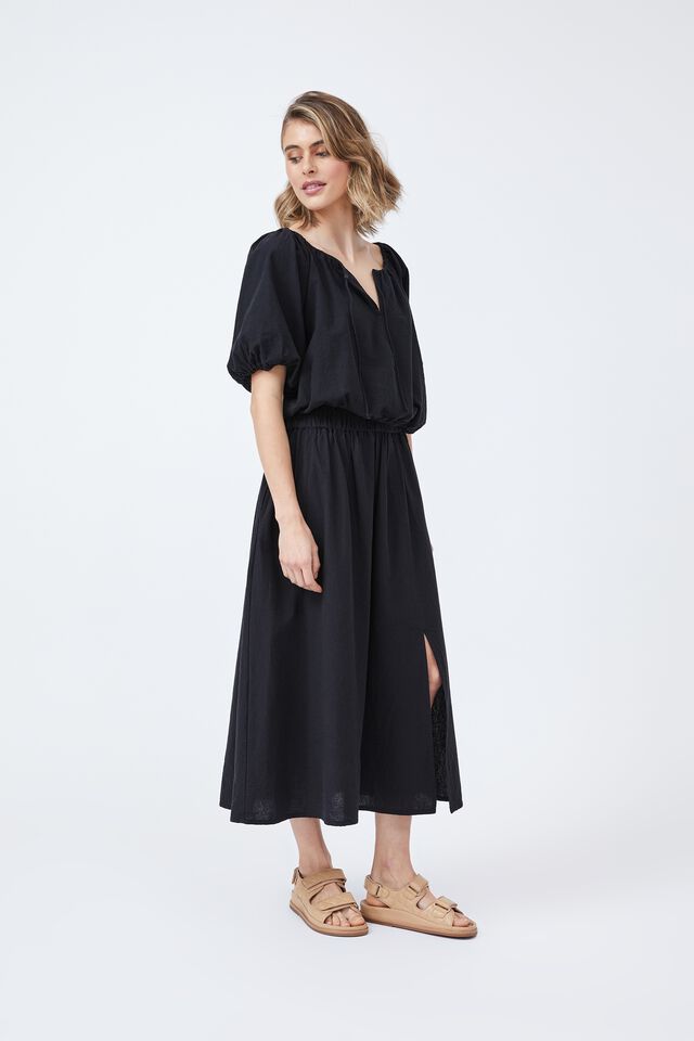 Midi Skirt In Cotton Linen Blend, BLACK