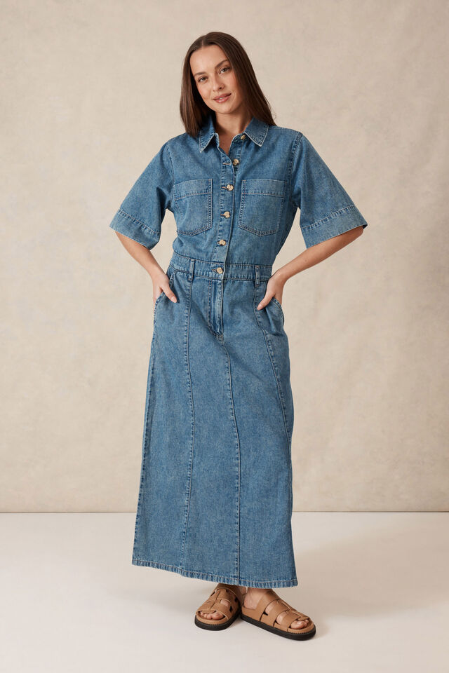 Short Sleeve Denim Maxi Shirt Dress, FRESH INDIGO DENIM