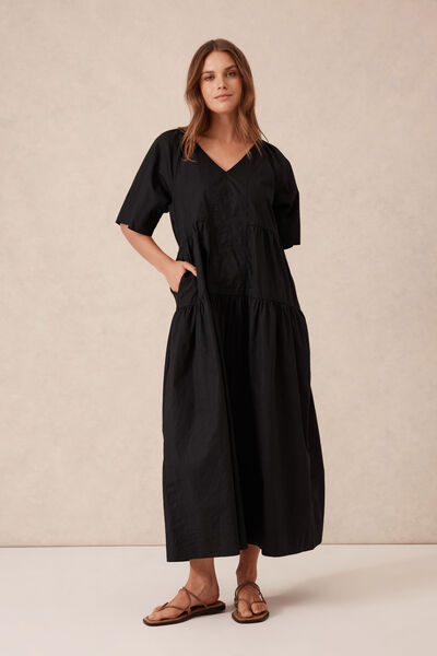Tiered Poplin Midi Dress, BLACK