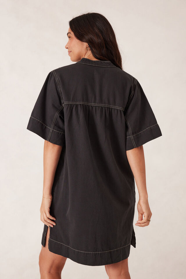 Half Placket Tunic Dress, WASHED BLACK TWILL