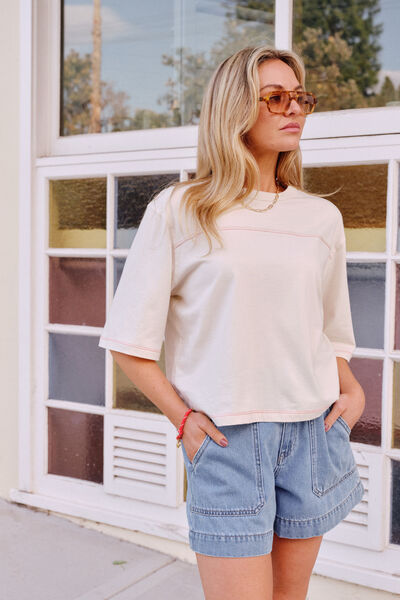 Devon Slouchy Seam Tee, BUFF/RED STITCH