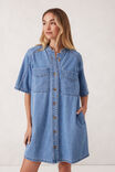 Collarless Relaxed Short Sleeve Denim Dress, VINTAGE BLUE - alternate image 4