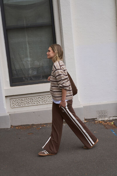 Gigi Wide Leg Terry Trackpant, CHOCOLATE SIDE STRIPE