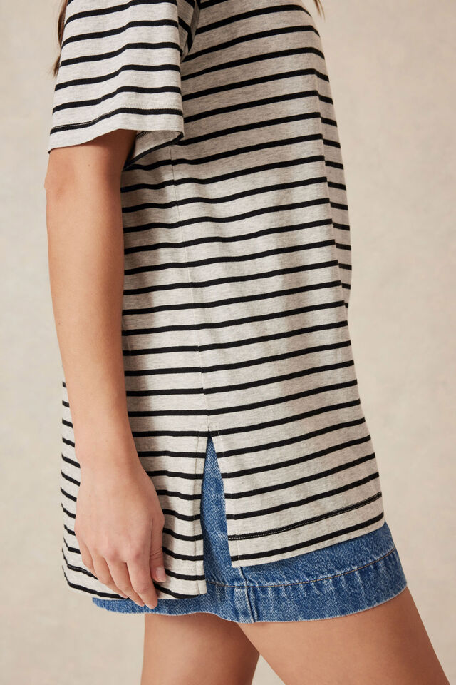 Longline Step Hem Tee, CLOUD MARLE/BLACK STRIPE