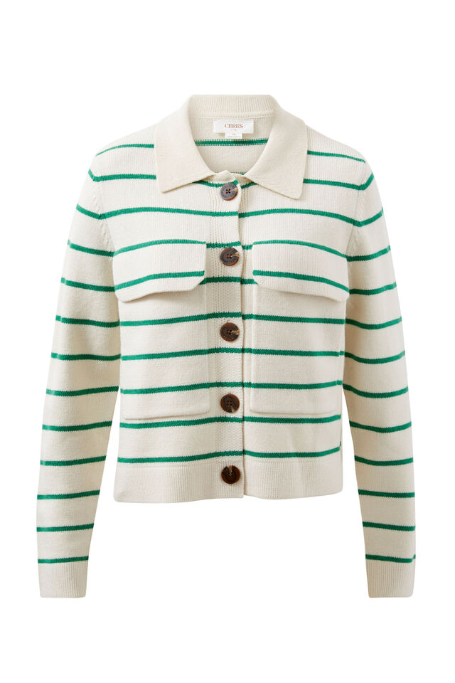 Soft Knit Collared Cardi, ECRU/KELLY GREEN STRIPE