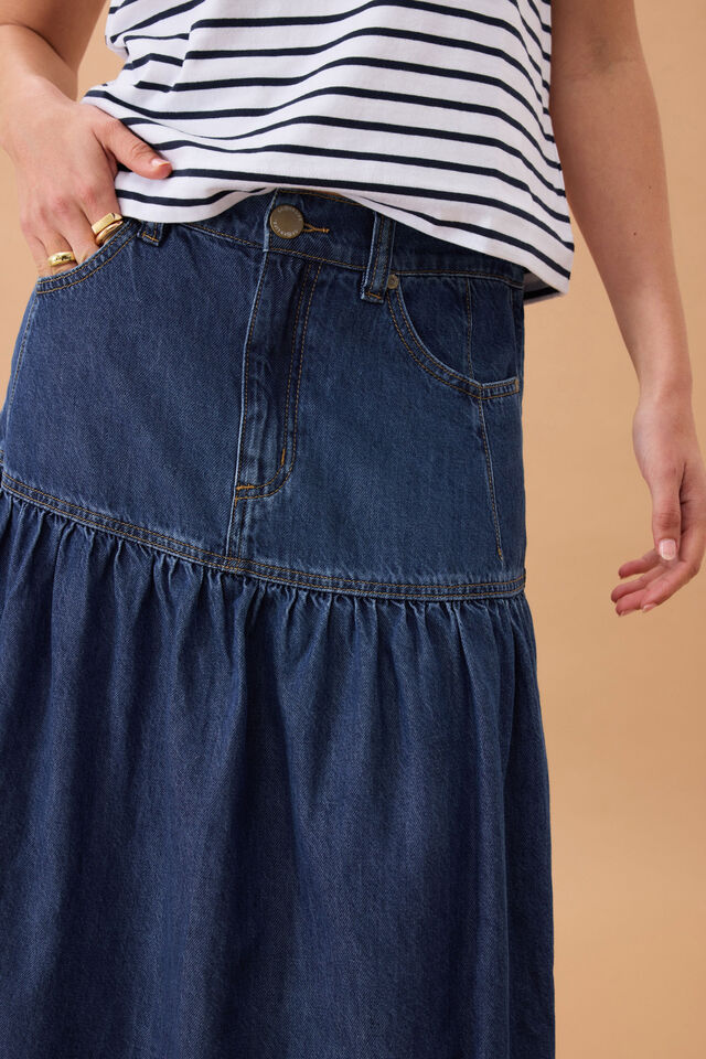 Drop Waist Denim Midi Skirt, CASPIAN BLUE