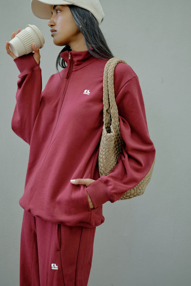 Lonny Oversized Half Zip Sweat, BURGUNDY