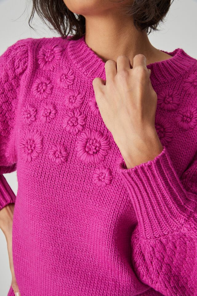 Embroidered Puff Sleeve Crew Neck Jumper, VERY BERRY MARLE