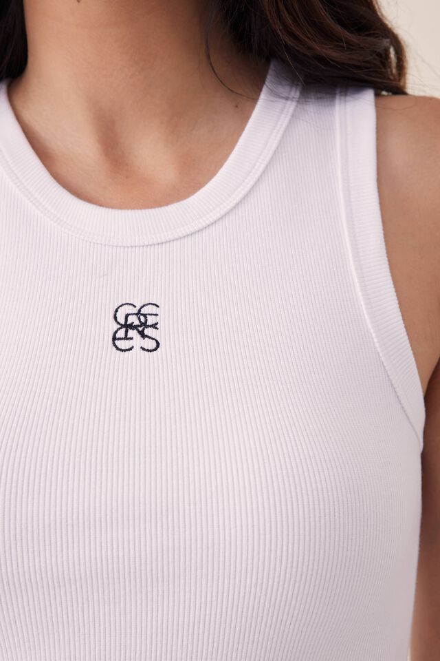 Contour Rib High Neck Tank, WHITE/BLACK EMBROIDERY