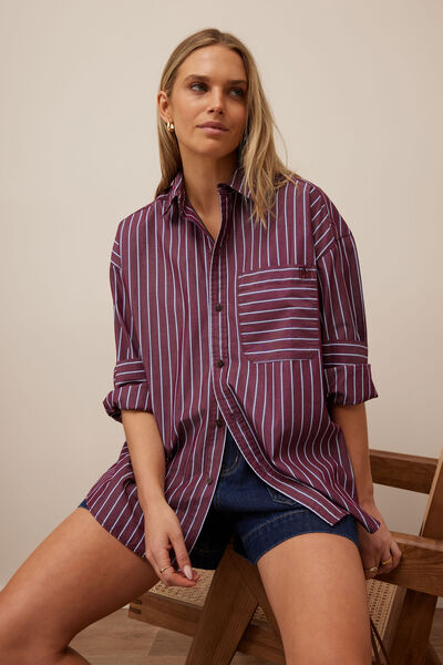 Peta Oversized Shirt, BURGUNDY WASHED NAVY STRIPE