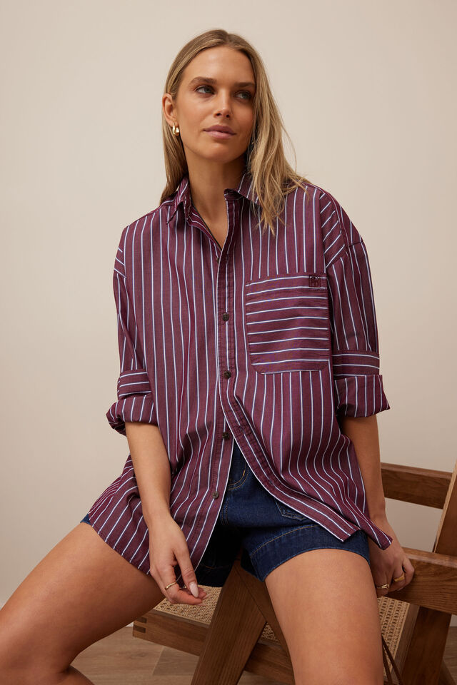 Peta Oversized Shirt, BURGUNDY WASHED NAVY STRIPE
