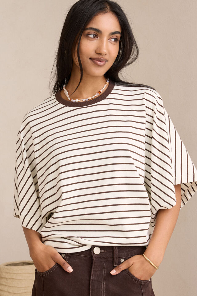 Lucy Relaxed Sleeve Tee, MILK/BRUNETTE STRIPE