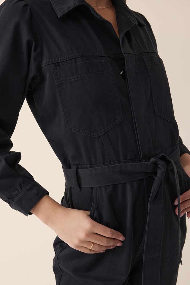 Puff Sleeve Jumpsuit, BLACK RESCUED FABRIC