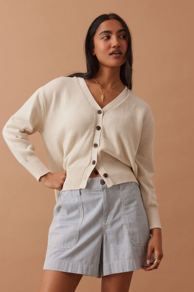 Sadie Long Sleeve V Knit Cardi, ECRU