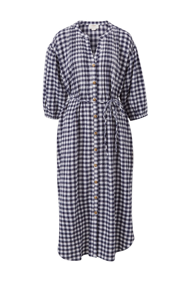 Crinkle Midi Dress, NAVY WHITE GINGHAM
