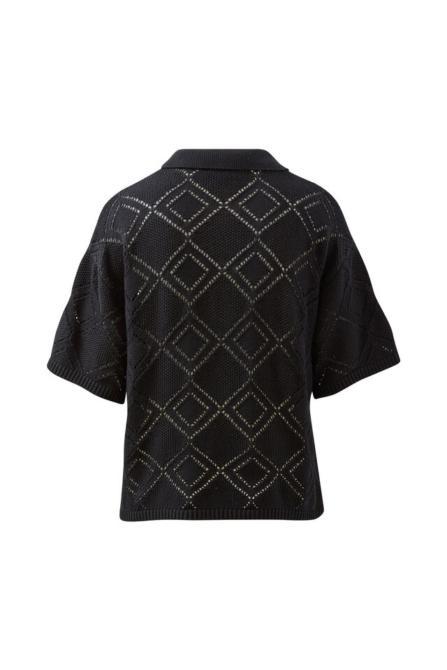 Demi Diamond Knit Collared Tee, BLACK