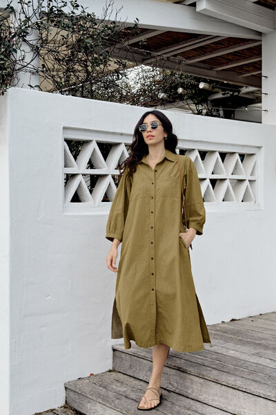 Midi Shirt Dress, FIG GREEN TEXTURED COTTON