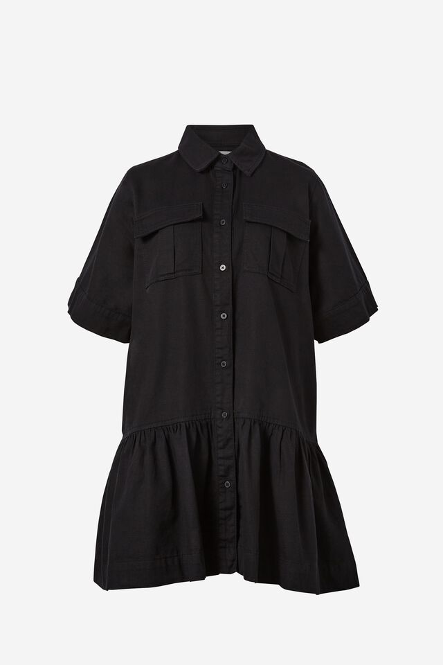 Twill Dress With Tier In Rescue Cotton, BLACK