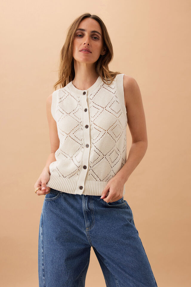 Dahlia Diamond Knit Vest, ECRU