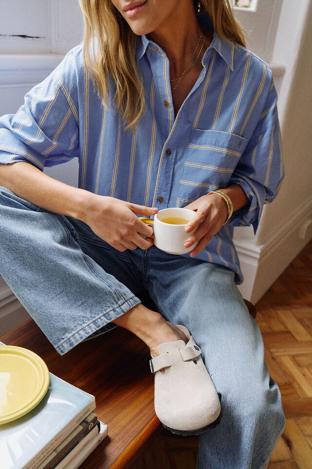 Peta Oversized Shirt, BAY BLUE BUTTER YELLOW STRIPE