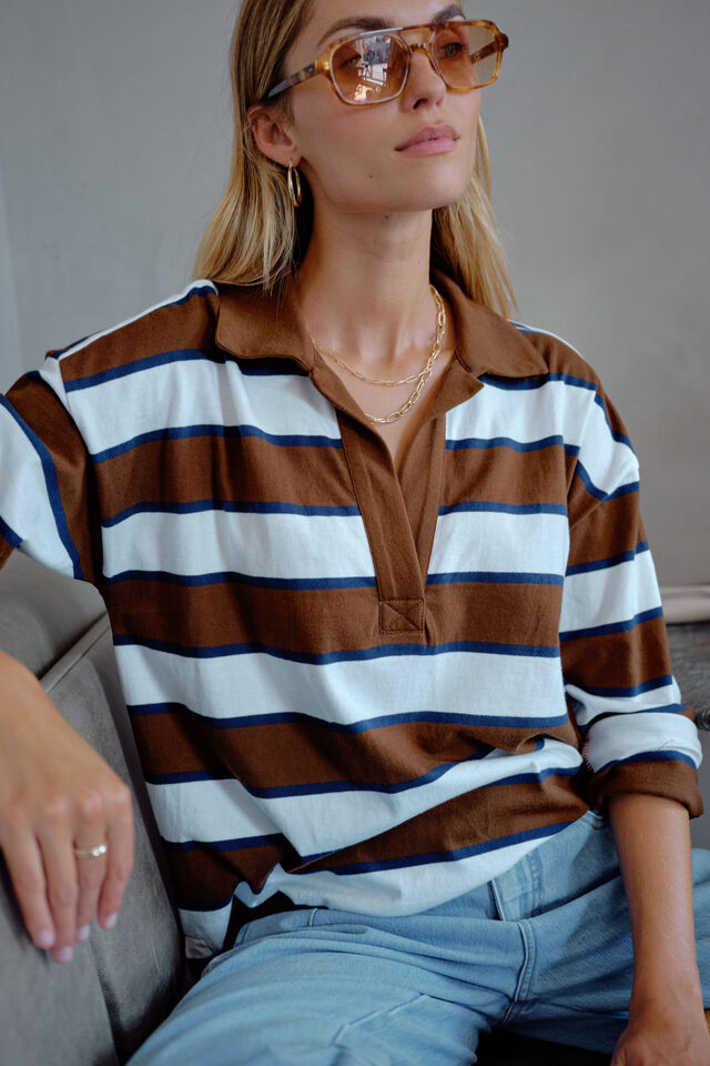 Shelby Slouchy Rugby Top, TOFFEE/WHITE/HERITAGE NAVY