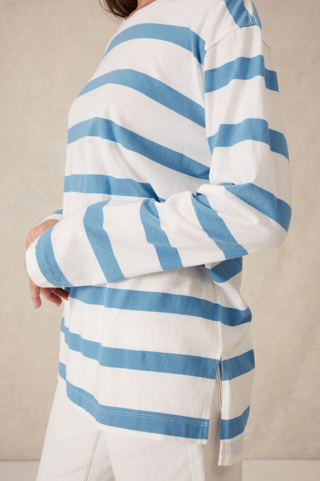 Longline Step Hem L/S Tee, VANILLA/POOL BLUE BOLD STRIPE