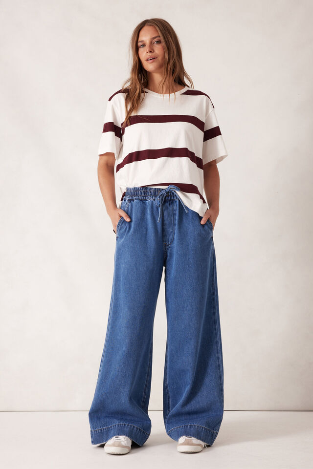 Stevie Slouchy Split Hem Tee, VANILLA/BURGANDY STRIPE