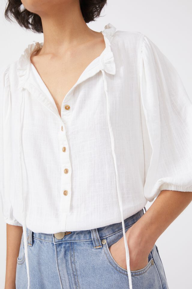 Ruffle Neck Tunic In Rescue Linen, EGGSHELL