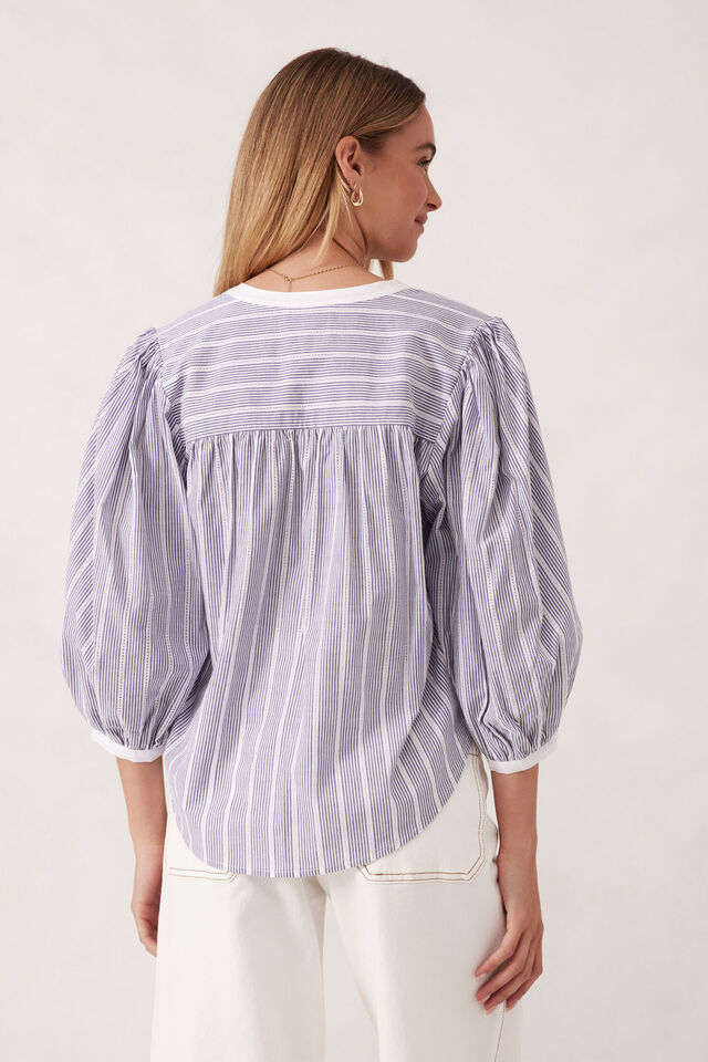 Woven Collarless Top, COLLEGE BLUE LADDER STRIPE