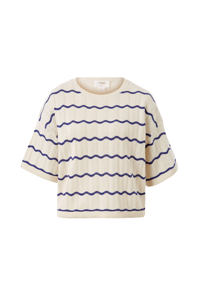 Short Sleeve Wavy Stripe Knit, ECRU/COLLEGE BLUE