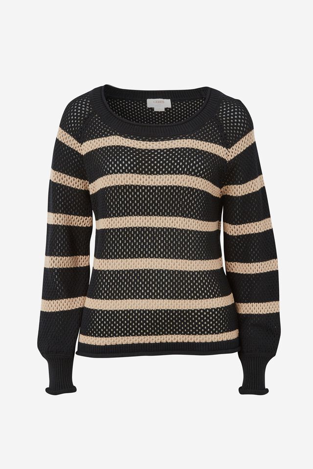 Mesh Knit Pullover In Organic Cotton, BLACK AND CAMELETTE