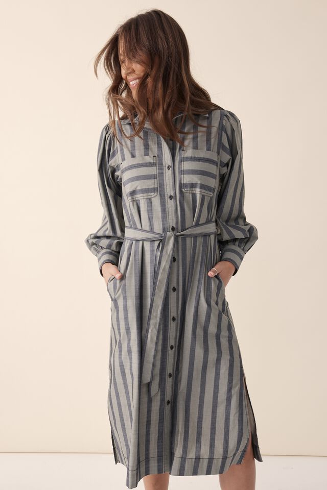 Classic Midi Shirt Dress, SOFT OLIVE AND BLACK STRIPE