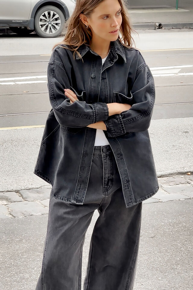 Bobbi Side Pocket Denim Shacket, WASHED BLACK