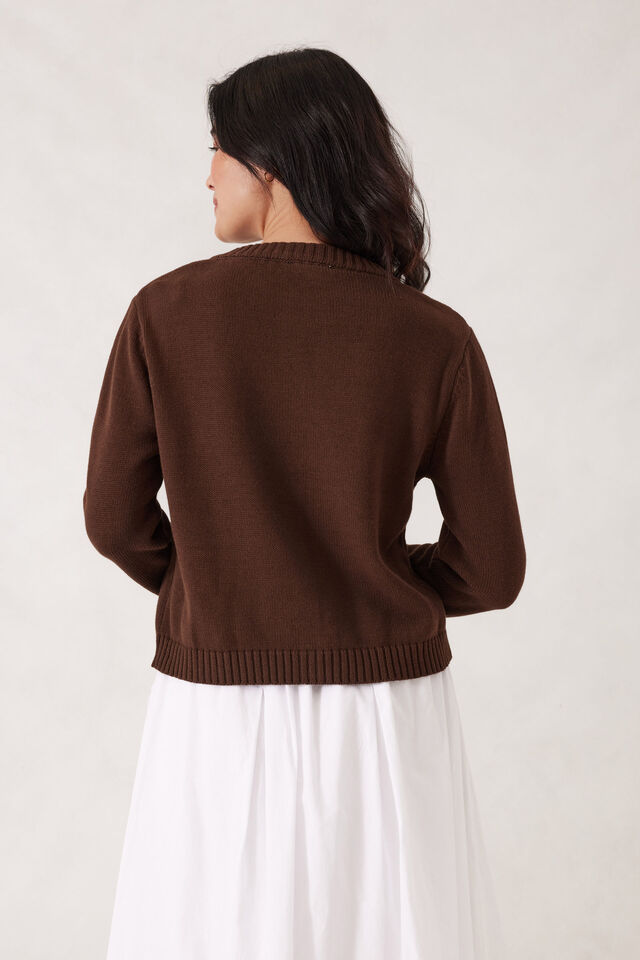 Nelly Long Sleeve Knit Cardi, CHOCOLATE