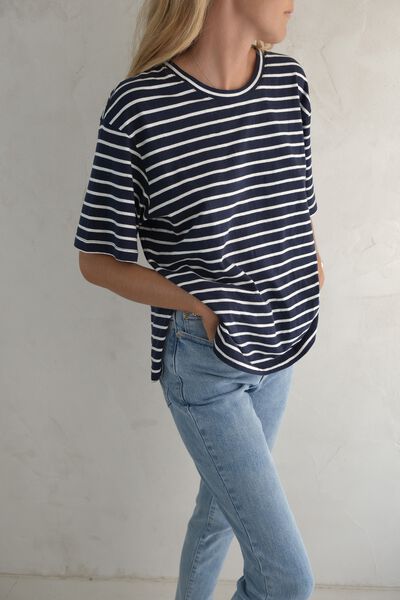 Slouchy Split Hem Tee In Australian Cotton, NAVY BLAZER/VANILLA FINE STRIPE